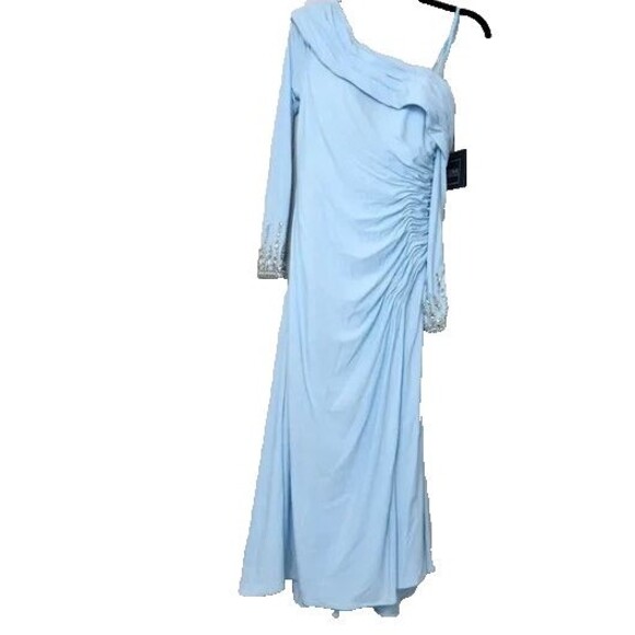 Mac Duggal 26485 Foldover Long Sleeve Jeweled Midi Dress NWT size 22 BLUE - Picture 3 of 7